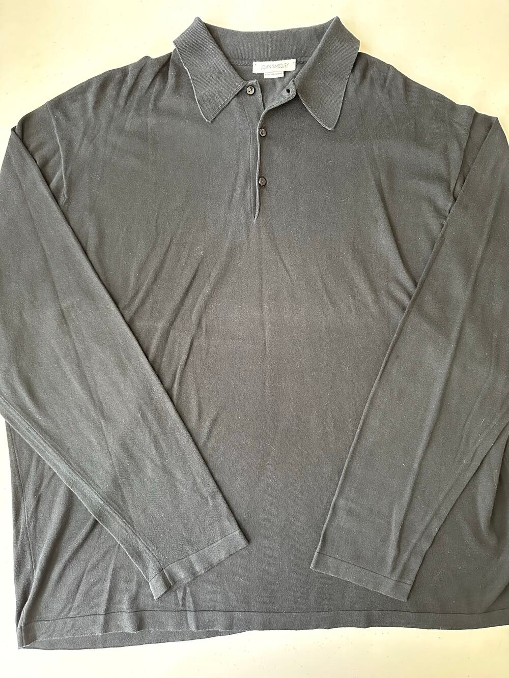 John Smedley Knitted Polo Shirt Long Sleeve Sea Island Cotton Black Mens XXL